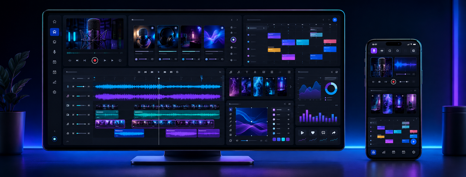 Desktop and mobile creative workspace showing brand content, podcast production and content planning