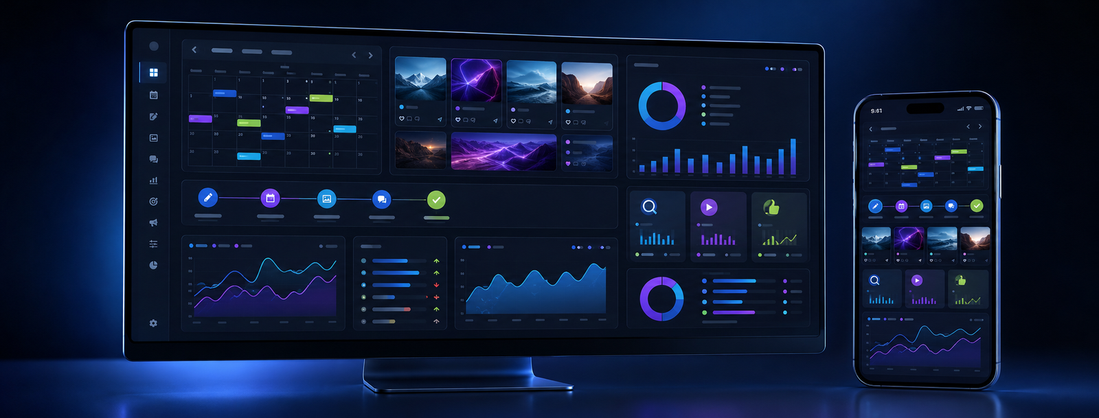 Desktop and mobile screens showing social media management, SEO and digital advertising analytics
