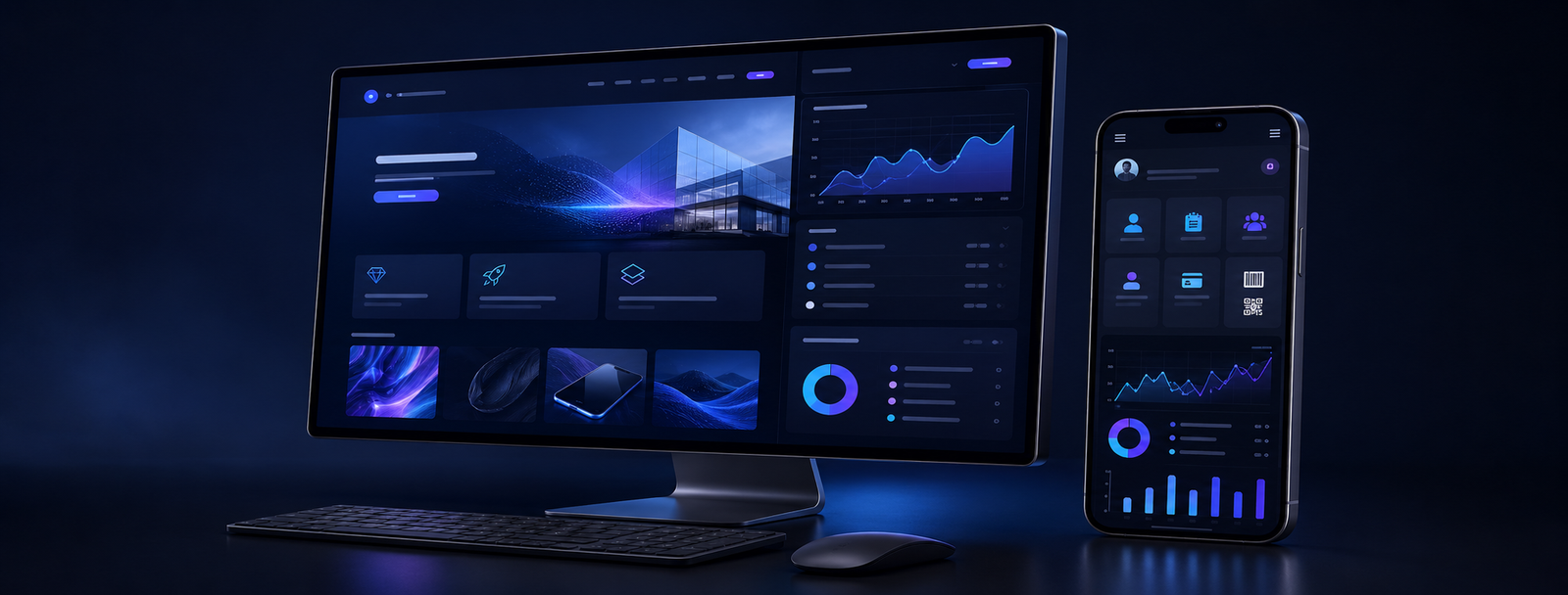 Desktop and mobile screens showing a custom website, portfolio and business web application